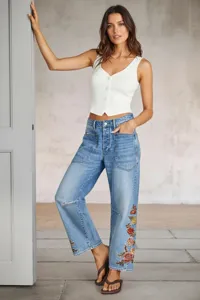Vaqueros de mujer bordado floral suelto piernas anchas recto pantalón largo detalle