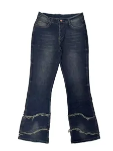 Dark blue women's flare jeans featuring distressed raw edge split hem and high waist design.