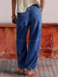 Women casual loose denim joggers stylish drawstring wide leg trousers blue jeans main view