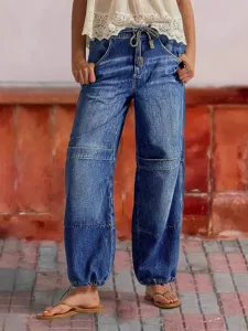 Women's casual denim pants with drawstring waist and cinched ankles for stylish daily wear.