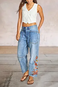 Mujer vaqueros anchos holgados con bordado floral vintage pantalón recto casual estilo