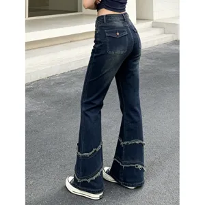 High waist spliced frayed flare jeans for women, dark wash stretch denim long pants back view.