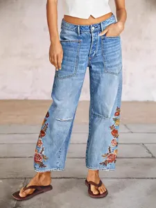 Vaqueros de Denim Casual para Mujer Pantalón Recto Suelto Bordado Floral Mezcla de Algodón Estilo Callejero