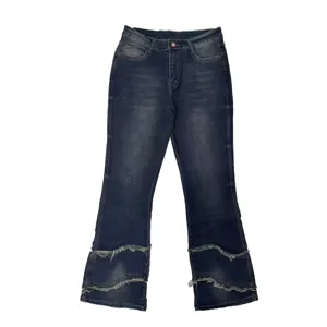 Women's high waist flared jeans with raw hem patchwork design, stylish slim fit denim pants.