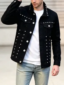 Herren Freizeit Jeansjacke Mode Schwarz Niete Revers Einreiher Baumwolle Oberbekleidung
