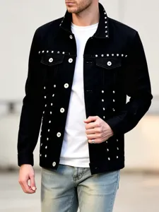 Herren schwarze Nieten Jeansjacke Revers Slim Fit Casual Streetwear Mode Oberteil