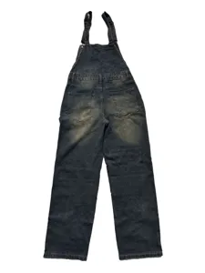 classic dark wash denim overalls back detail, casual loose fit long denim jumpsuit design.