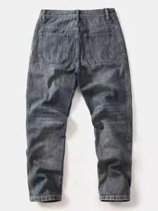 Jeans uomo grigio scuro lavaggio vintage gamba dritta vista posteriore dettaglio.