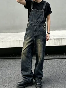 Men's Casual Denim Overalls Loose Straight Leg Jumpsuit Vintage Washed Cotton Streetwear Fashion Cargo Pants