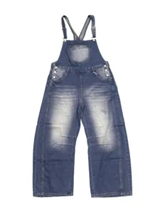 Women casual blue denim overalls straight leg adjustable straps long pants denim dungarees