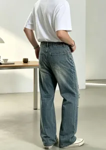 Heren vintage verwassen losse rechte denim jeans casual streetwear stijl mode broek