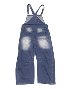 Women's blue denim overalls detail, straight leg design with adjustable straps and back pockets.