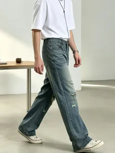 Heren distressed loose straight leg denim jeans casual streetwear vintage retro broek