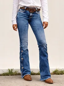 Women Casual High Waist Slim Fit Flare Jeans American Style Street Fashion Washed Denim Pants With Button Raw Hem