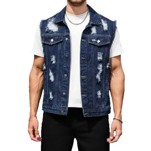 Herren Destroyed Jeansweste Revers ärmellose Jacke lässige Streetwear blaue Oberbekleidung