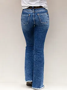 Women high waist flare denim jeans slim fit stretch casual raw hem long trousers blue