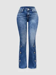 Women's high waist slim fit flare denim jeans with stylish button split frayed hem.