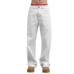 Men's white loose-fit straight-leg denim jeans, stylish casual high-street pants.