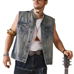 Men's vintage washed denim vest sleeveless streetwear jacket for casual daily wear.
