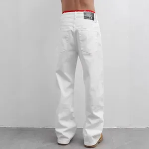 Men white denim jeans loose straight leg casual high street fashion streetwear long trousers detail