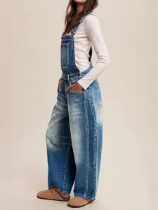 Casual women's denim overalls with straight-leg fit, adjustable straps, and versatile style.
