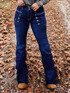 Jean Évasé Taille Haute Vintage pour Femme Slim Fit Casual Denim Pantalon avec Poches Boutons Mode