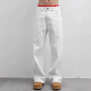 Men white denim jeans high street loose wide leg casual straight trousers long pants.