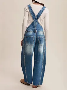 Women's blue denim overalls, casual straight-leg loose long pants, back view main shot