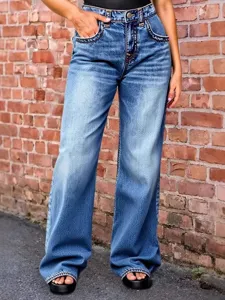 High waist wide leg denim jeans for women casual loose straight street style blue trousers