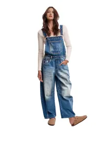 Women casual denim overalls straight fit adjustable straps long pants for stylish daily wear