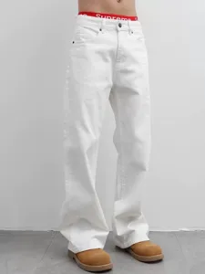 Men white denim jeans loose wide leg streetwear casual straight long pants detail
