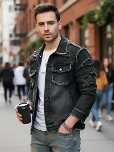 Veste en jean noire effet délavé pour homme streetwear casual lourdes franges poches