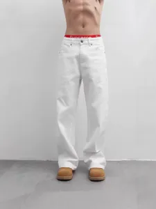 Men's Casual High Street White Straight Leg Denim Pants Loose Fit Solid Color Washed Cotton Long Jeans For Daily Wear