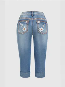 Pantalón vaquero capri mujer verano casual talle medio slim bordado margaritas elegante