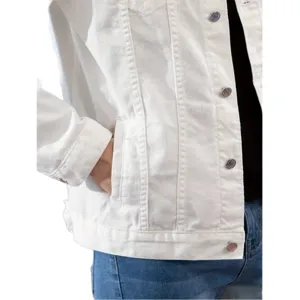 Men's classic white denim jacket with metal buttons and functional pockets. Casual outerwear.
