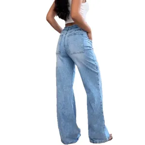 Women light blue loose wide leg denim jeans casual elastic high waist long pants
