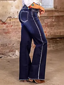 Jeans da donna blu scuro a gamba larga con dettagli sfrangiati streetwear pantaloni lunghi