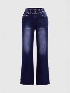 Donna vita alta orlo sfrangiato gamba larga jeans blu pantaloni streetwear vista principale