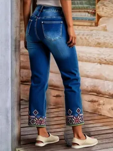 Women's embroidered cropped blue denim jeans straight fit stylish casual trousers daily wear