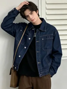 Giacca di Jeans Lavata Casual da Uomo Risvolto Vintage Maniche Lunghe Capospalla in Cotone Moda Primavera Larga Abbigliamento da Lavoro Blu