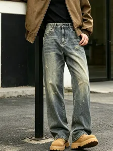 Men's Vintage Distressed Ripped Denim Jeans Casual Loose Straight Leg Full Length Pants All Season Cotton