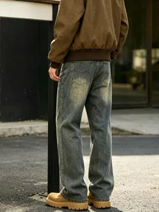 Men's vintage distressed loose fit straight leg denim jeans casual street style trousers