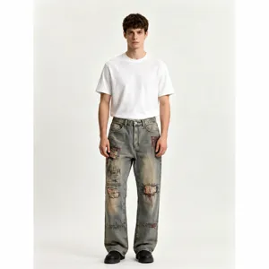 Jean Droit Ample Décontracté Déchiré Imprimé Graffiti pour Hommes Pantalon en Denim Coton Vintage Streetwear