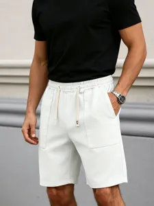 Shorts en Denim Décontracté pour Hommes Été Coupe Ample Jambe Droite Mélange de Coton Taille Élastique Cordon Couleur Unie