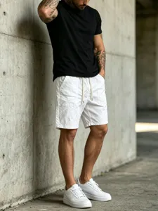 Shorts de loisirs d'ete pour hommes couleur unie cordon elastique image principale
