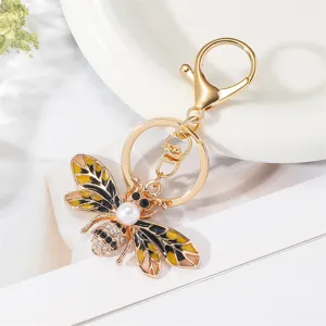 Alloy enamel bee keychain bag charm with rhinestones and pearl detail for women accessory