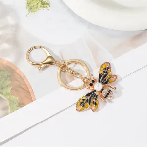 Gold alloy bee keychain with enamel rhinestone and pearl, cute insect bag charm pendant.