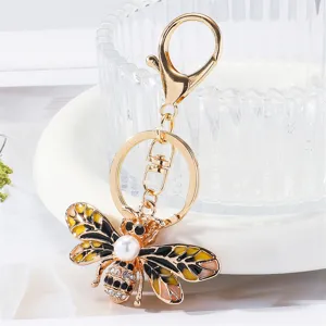 Exquisite alloy rhinestone enamel bee keychain with pearl and lobster clasp pendant.