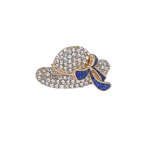 Rhinestone hat brooch detail, blue bow detail, crystal lapel pin, gold tone metal accessory
