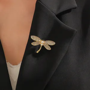 Gold rhinestone pearl dragonfly brooch pin detail elegant jewelry for women suit